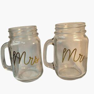 Mr Mrs Mason Jar Mugs Gold Script Writing Wedding Gift Anniversary Lot 2